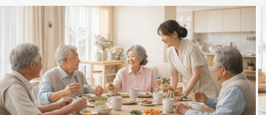 어르신들이 함께 식사하고 대화하는 공간 이미지
