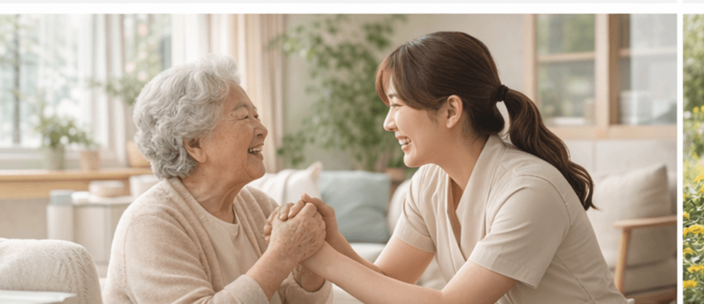 케어 선생님과 어르신이 함께 웃는 모습