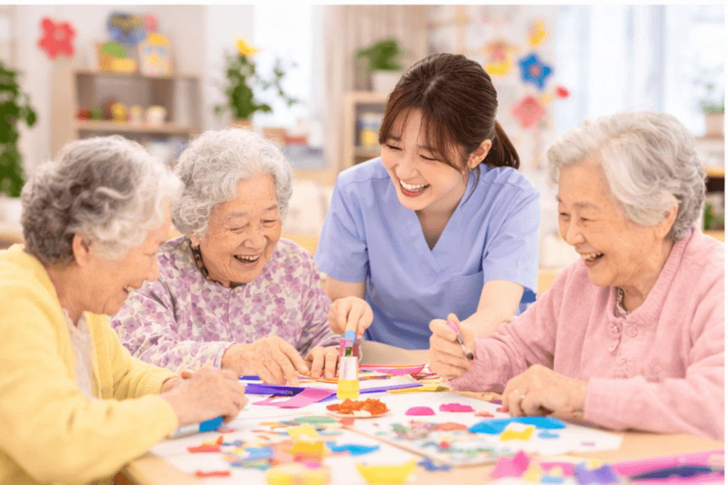케어 선생님과 어르신이 함께 웃는 모습