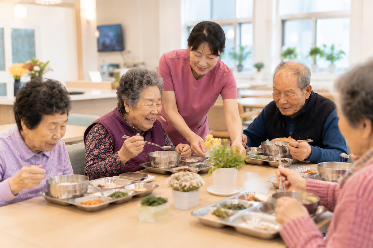 요양보호사가 어르신들께 식사를 차려드리는 모습